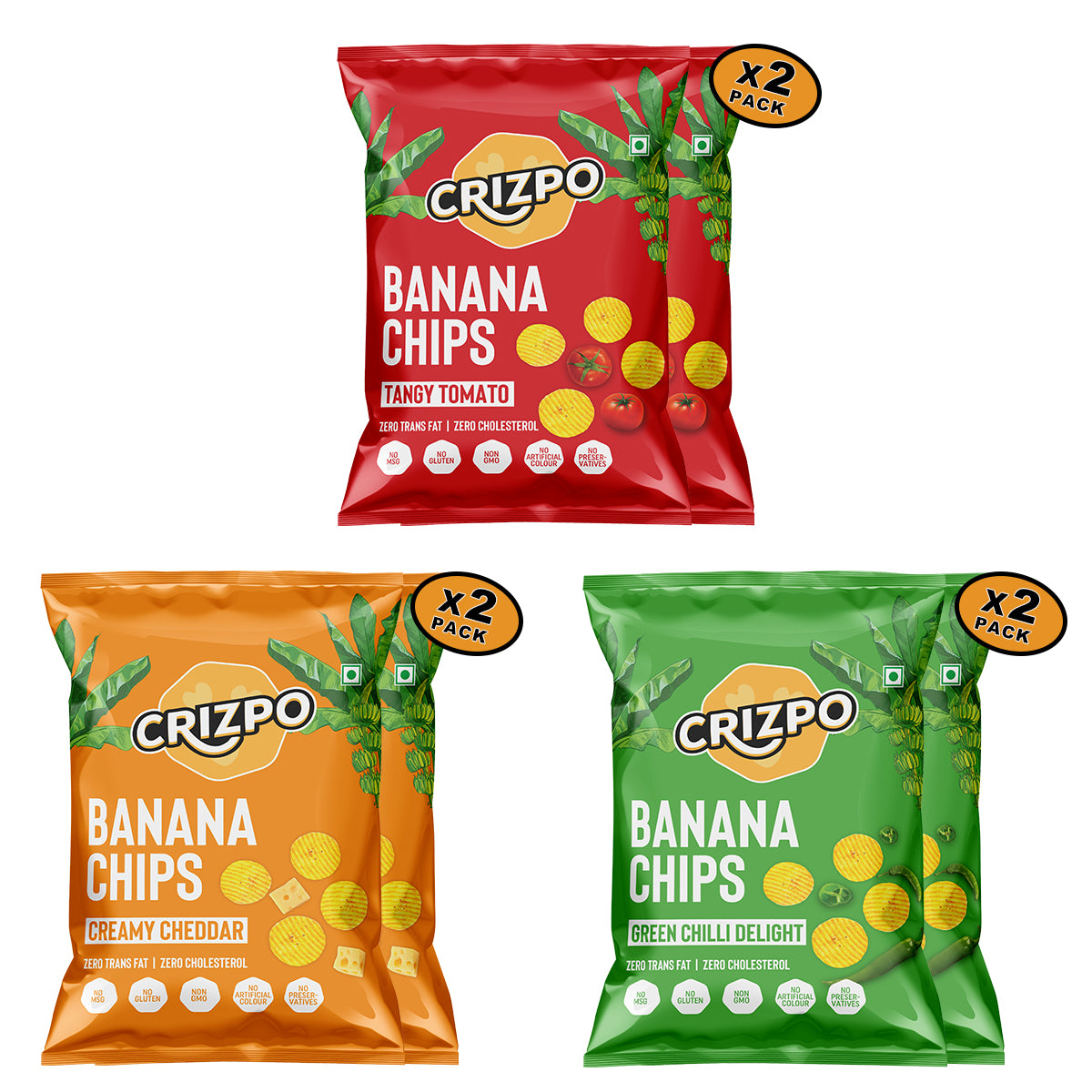 Crizpo Banana Chips - 6 Packs Combo - Creamy Cheddar (2x45g), Tangy Tomato (2x45g), Green Chilli Delight (2x45g)