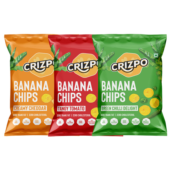 Crizpo Banana Chips - Champions’Chip Combo - Creamy Cheddar, Tangy Tomato, Green Chilli Delight