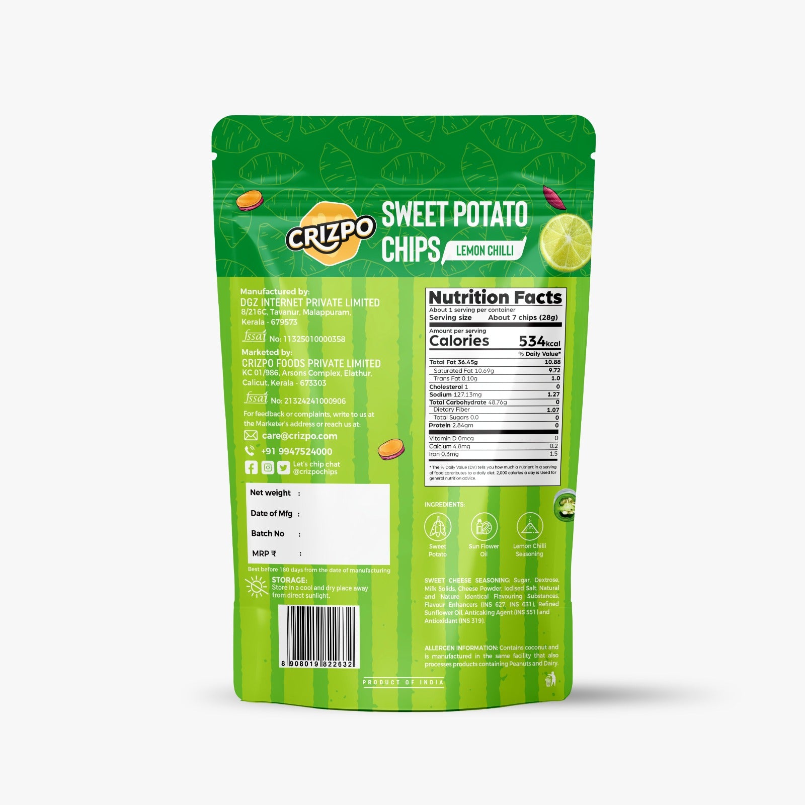 Crizpo Sweet Potato Chips - Lemon Chilli (Pack of 3x55g)