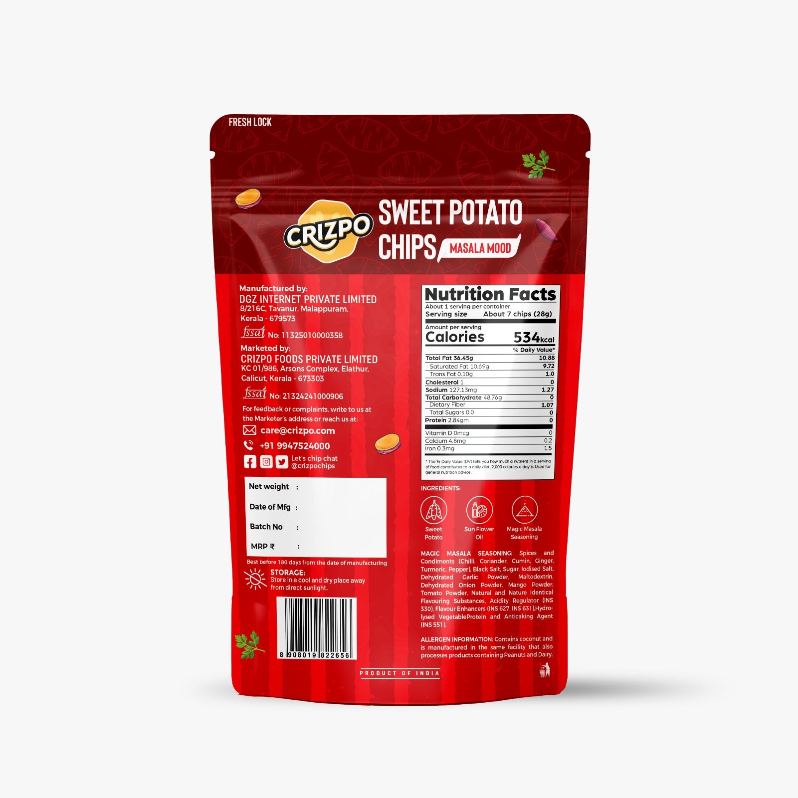 Crizpo Sweet Potato Chips - Masala Mood (Pack of 3x55g)