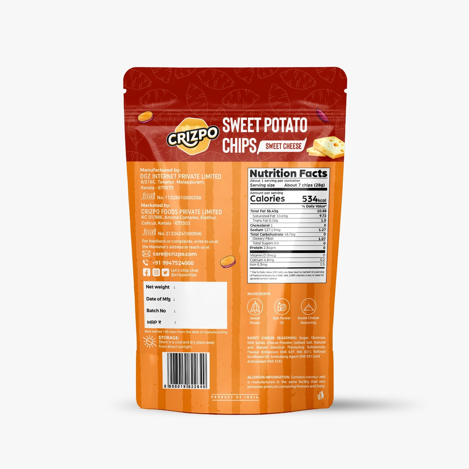 Crizpo Sweet Potato Chips - Sweet Cheese (Pack of 3x55g)