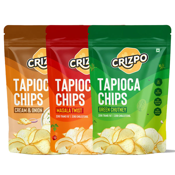 Crizpo Tapioca Chips Combo (3 Packs) – Cream & Onion, Green Chutney & Masala Twist (3x60g)