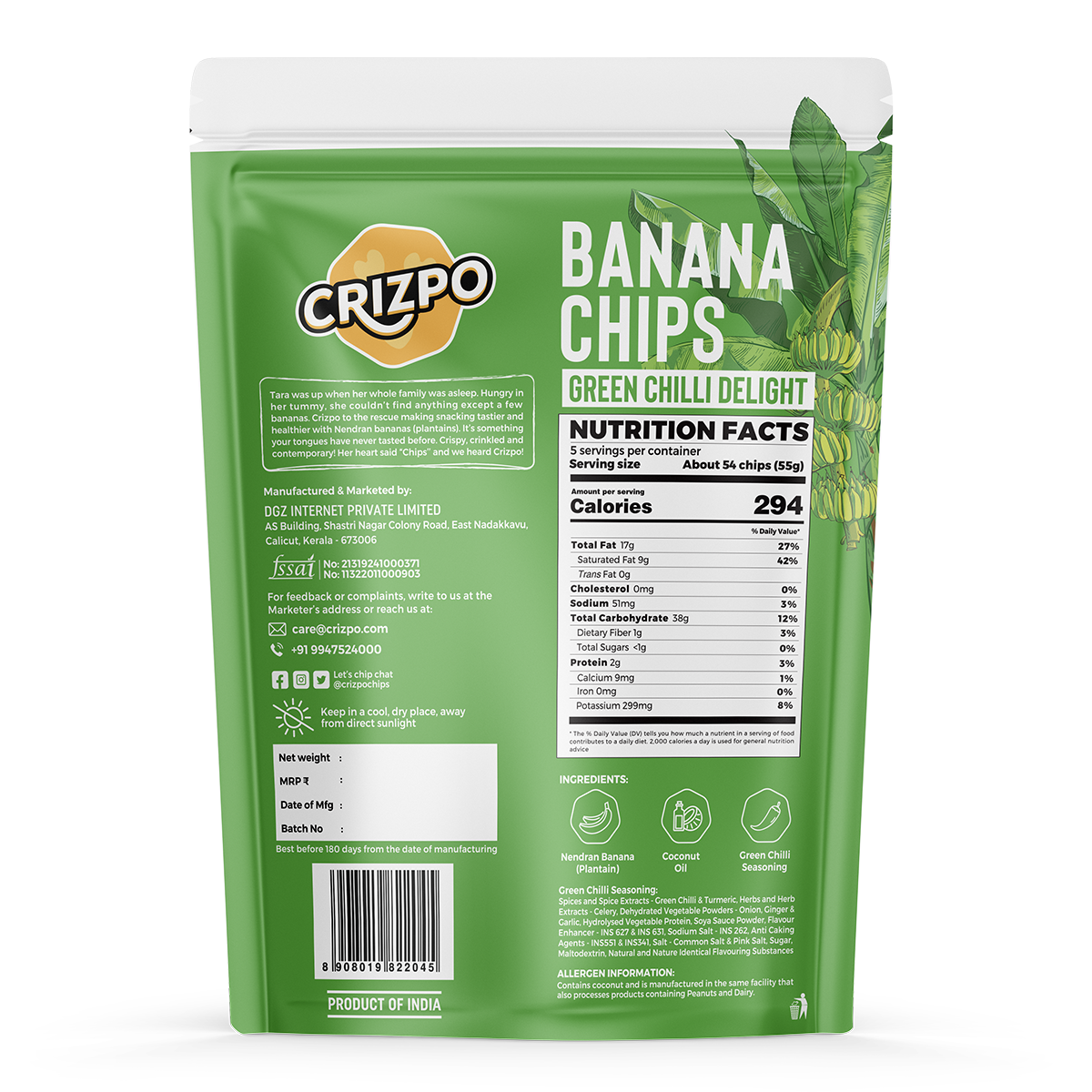 Crizpo Banana Chips - Green Chilli Delight - Pack of 3 x 110g