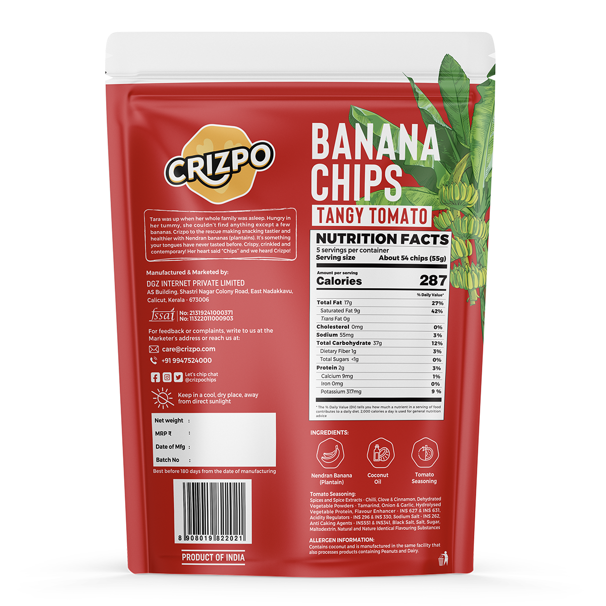 Crizpo Banana Chips - Tangy Tomato - Pack of 3 x 110g